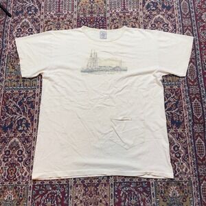 VTG Absolute Quality Graphic T Shirt Cream Harbor Ship Print Pocket Tee USA OS